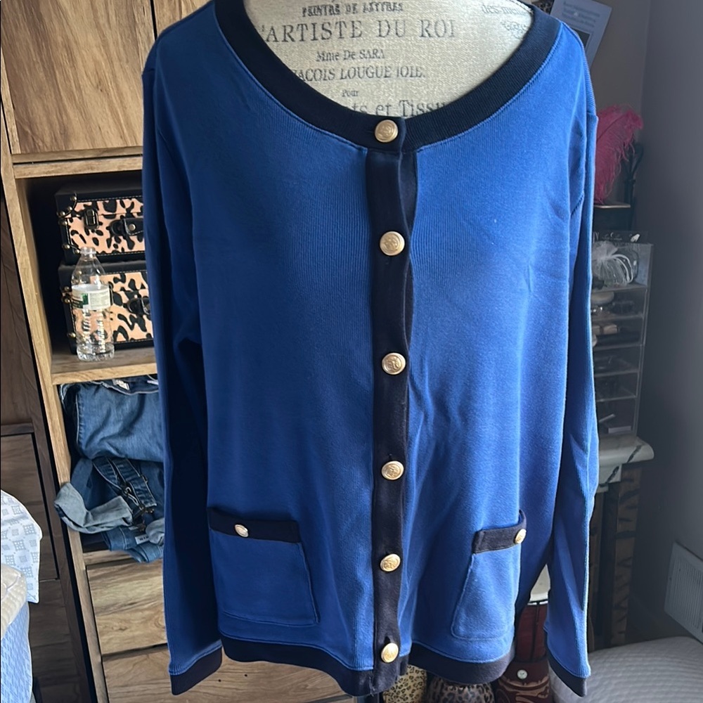 Blue Herringbone Striped Wool Knit Cardigan Vest by Talbots